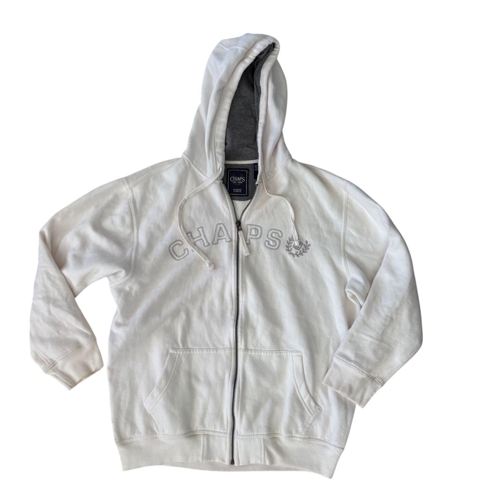 Chaps Mens Zip Up Hoodie Sweatshirt Medium Ivory White Logo‎ Pullover